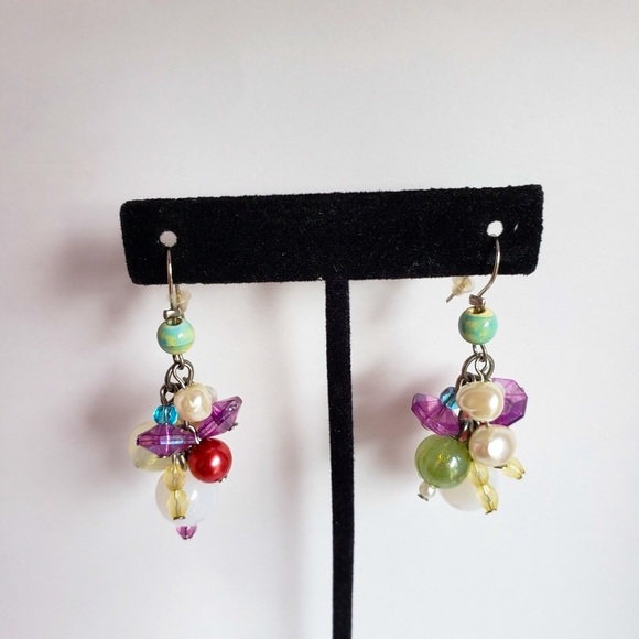 1 3/4” Artisan Crafted Silver Multicolored Beaded Earrings - Picture 2 of 3